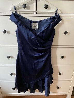 Liancarlo Navy Off-Shoulder Spaghetti Strap Dress